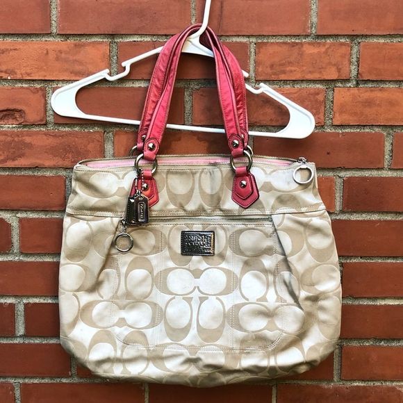 tan Coach shoulder bag red straps pink liner